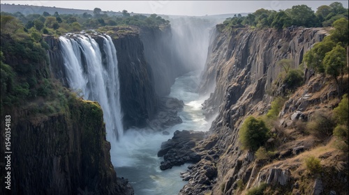 victoria falls flowing through rocky gorge in zambia with mist and sunlight