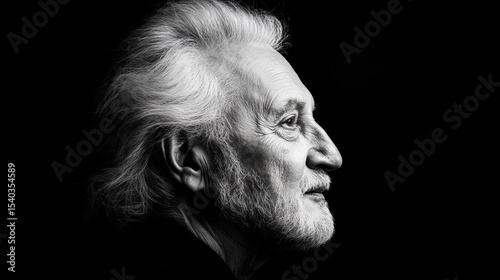 Older man is shown in a striking profile portrait against a stark black background, highlighting his textured skin and flowing white hair.