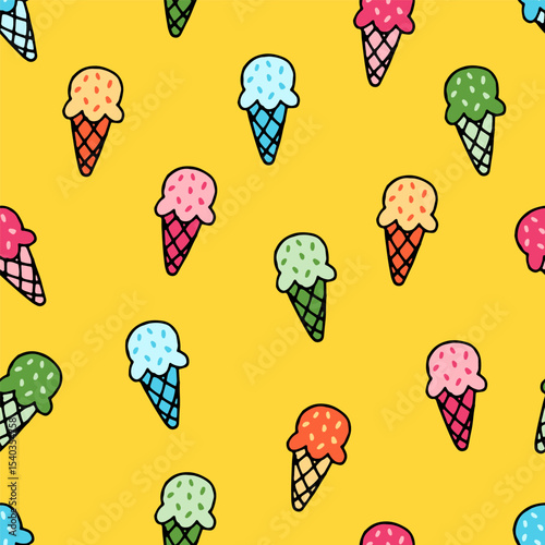 Seamless pattern with colorful cartoon ice cream cones on yellow background. Hand-drawn style digital illustration. Summer food and dessert concept