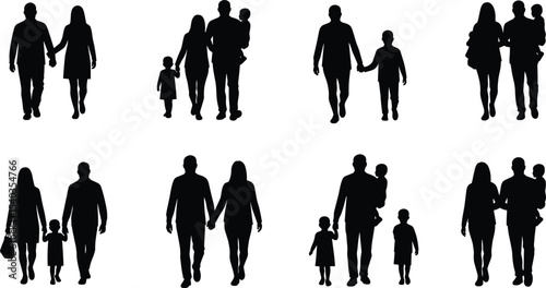 Family silhouette walking together, parents with children, holding hands, black isolated figures, unity and love, modern family lifestyle concept, vector illustration for stock content
