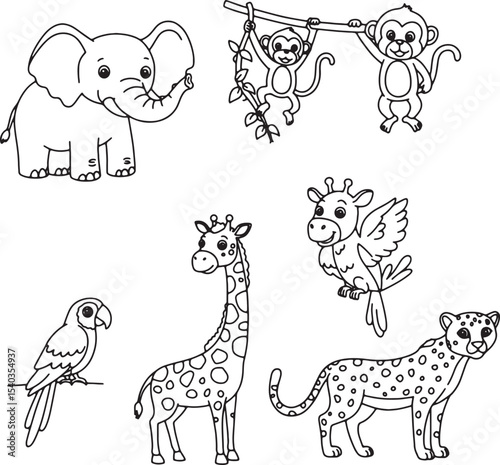 Adorable African Safari Animals Coloring Pages Elephant, Monkey, Giraffe, Parrot, Leopard