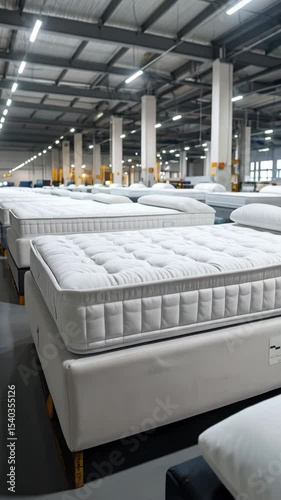 Rows of white mattresses stacked high inside a manufacturing warehouse for storage or distribution.