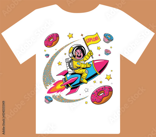 Playful Astronaut Riding Rocket with Donuts in Space T-Shirt Design
