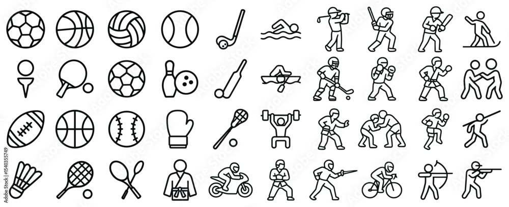 Fototapeta premium Collection of diverse sport icon set representing various games and activities in a line style