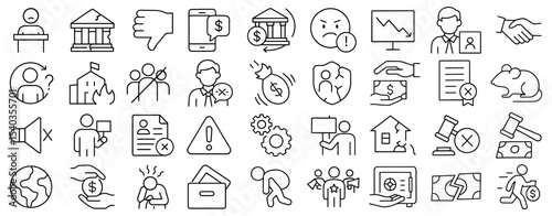 Comprehensive icon set depicting various aspects of corruption and unethical behavior in business and society