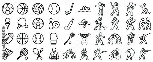 Collection of diverse sport icon set representing various games and activities in a line style