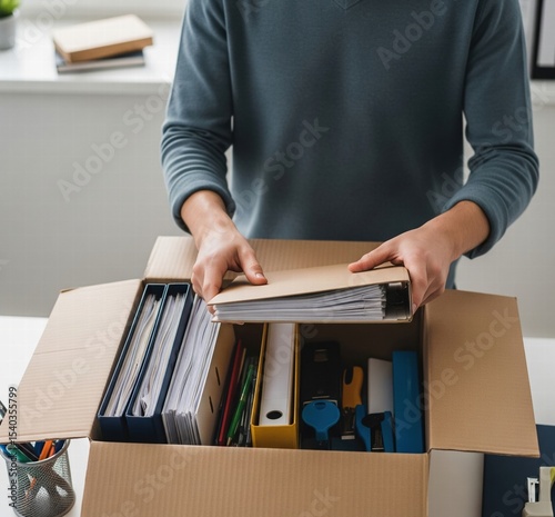 A close-up view of an employee packing their belongings, illustrating the concept of corporate layoffs/redundancies