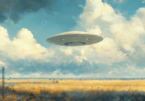 Futuristic UFO hovering over a vast landscape under a blue sky.