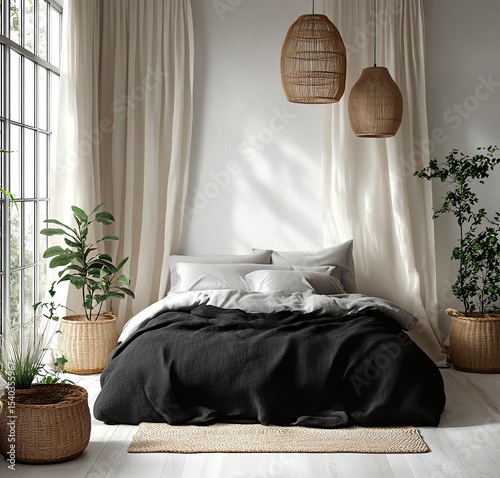 Cozy bedroom with natural decor and soft lighting.