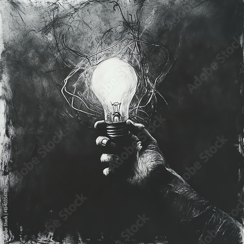 Hand holding a light bulb surrounded by tangled vines.