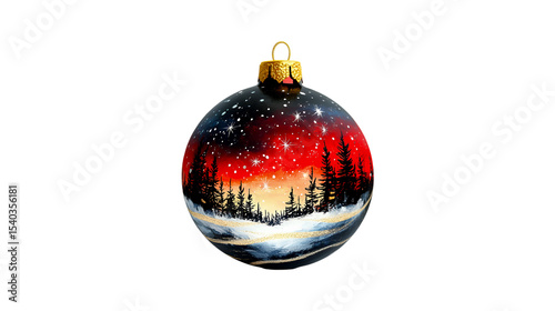 Hand painted Christmas ornament winter forest scene red sky snow