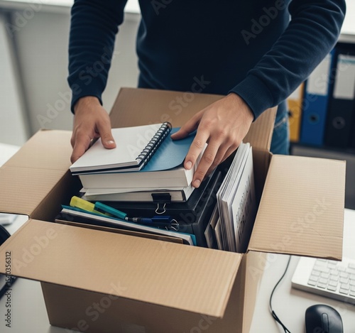 A close-up view of an employee packing their belongings, illustrating the concept of corporate layoffs/redundancies