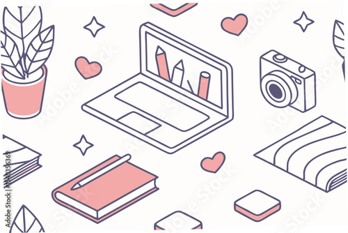 set of hand drawn vector illustration of a girl desk setup