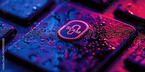Cybersecurity threat: Illuminated keyboard key with the word 'SCAM' and water droplets, concept of online fraud.