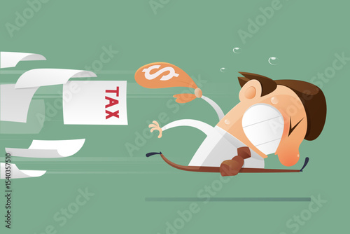 Cartoon illustration shows a businessman trying to avoid heavy tax.