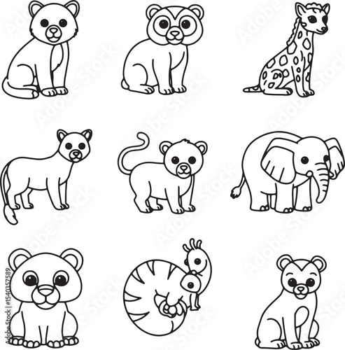 Adorable Cartoon Animal Illustrations Cute Line Art Drawings of Wild Animals for Kids