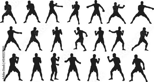 Boxing silhouette training poses, martial arts fighter, men punching stance, combat athlete in motion, sports workout, shadow practice action, professional boxing vector art