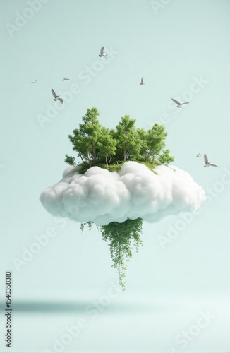 Floating forest above soft cloud, fantasy landscape with flying birds, dreamy 3D surreal image for nature imagination visuals