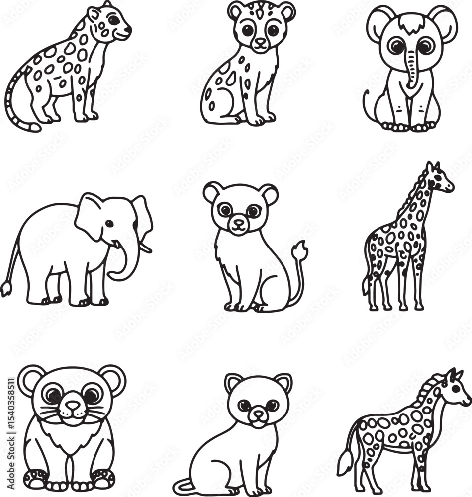 Obraz premium Adorable Cartoon Animals Line Art Drawings of Cute Wildlife