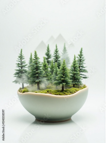 Tiny forest in ceramic bowl with mist and soft mountain background, eco-surreal concept on white backdrop