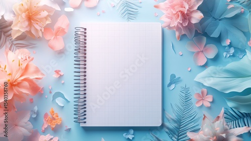 A blank spiral notebook with grid paper surrounded by pastel flowers and leaves on a blue background.