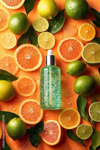 A green serum bottle with a dropper lies on an orange surface surrounded by fresh citrus fruits and green leaves, highlighting natural skincare ingredients.