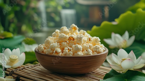 A wooden bowl filled with popcorn sits on a bamboo mat surrounded by lotus flowers and large green leaves in a serene natural setting.