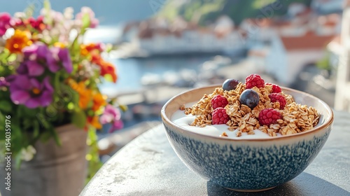 A bowl of granola with yogurt and fresh berries sits on a ledge with a scenic coastal village and colorful flowers in the background.