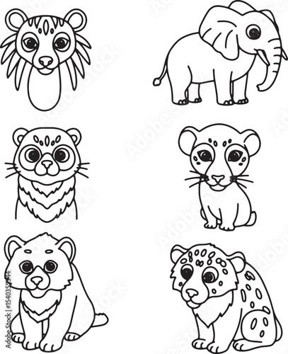 Adorable Cartoon Animals Coloring Pages Featuring Tigers, Elephants, Lions, and More
