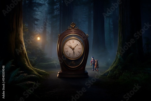 Forest clock with figures time concept