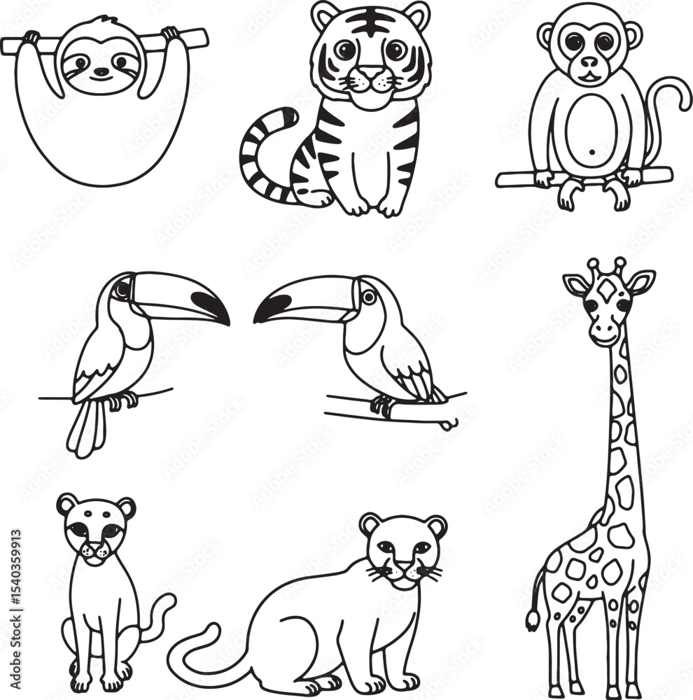 Fototapeta premium Adorable Jungle Animals Cute Line Art Illustrations of Sloth, Tiger, Monkey, Toucan, Giraffe, and Cougar