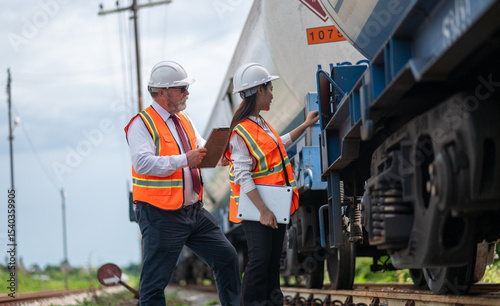 Engineer manager and a secretary working together railway track during inspection or routine maintenance gas or oil power industrial or transportation setting the rail train import export logistics.