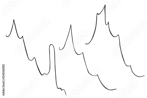 Dynamic black watercolor lines resembling mountain silhouettes, financial graphs, or sound waves isolated background. Abstract organic forms for business data presentation, design project