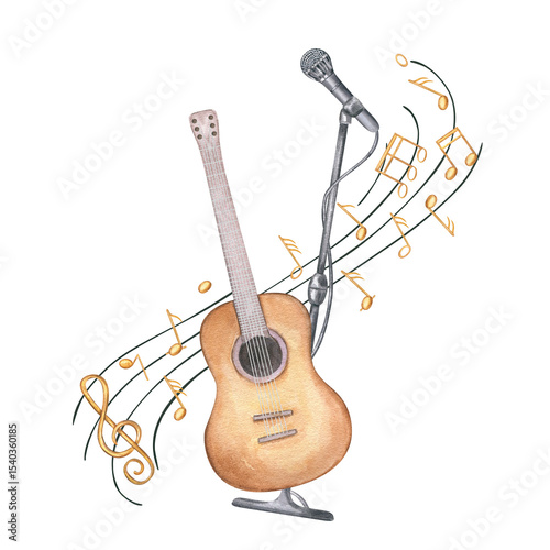 Watercolor string guitar with microphone on stand, and swirling musical notes on black staff illustration isolated background. For music event posters, album covers, band merch, creative wall art