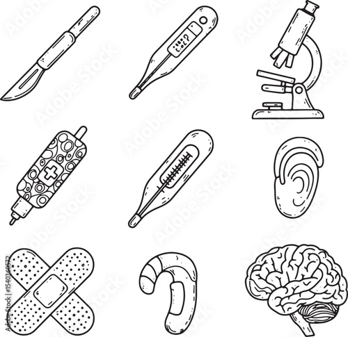 Medical Tools and Equipment A Collection of Hand-Drawn Illustrations