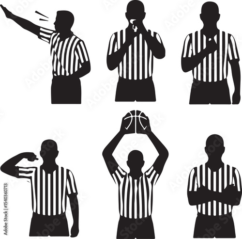 Bundle of 5 Referee Silhouette Icons — Foul Call, Whistle, Timeout Signal, Jump Ball, Arms Crossed — Black Vector on White Background