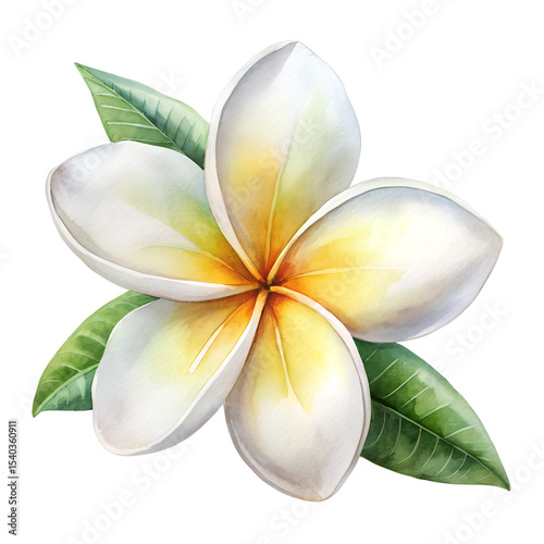  Watercolor painting of white plumeria flower isolated on transparent background