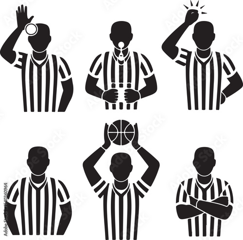 Bundle of 5 Referee Silhouette Icons — Foul Call, Whistle, Timeout Signal, Jump Ball, Arms Crossed — Black Vector on White Background