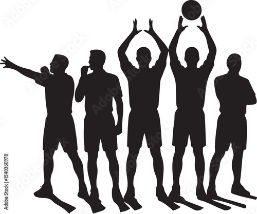 Bundle of 5 Referee Silhouette Icons. Foul Call, Whistle, Timeout Signal, Jump Ball, Arms Crossed. Black Vector on White Background