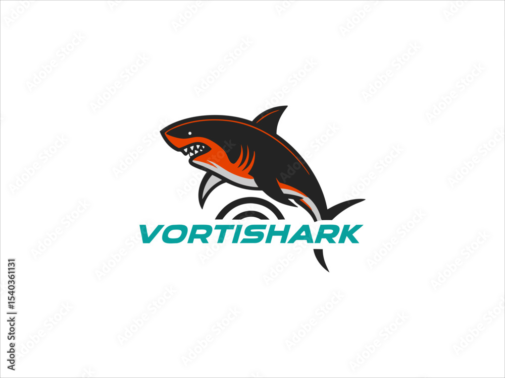 Obraz premium Vortishark Logo Design Black Orange Shark Leaping Teal Text V E C T O R vector illustration
