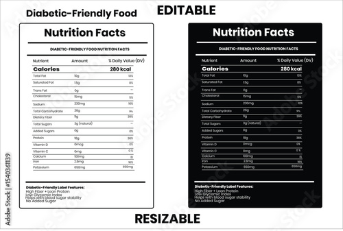 Diabetic-friendly food, nutrition facts, nutrition, nutrition label, calories in food, nutrition info, supplement facts, vector template