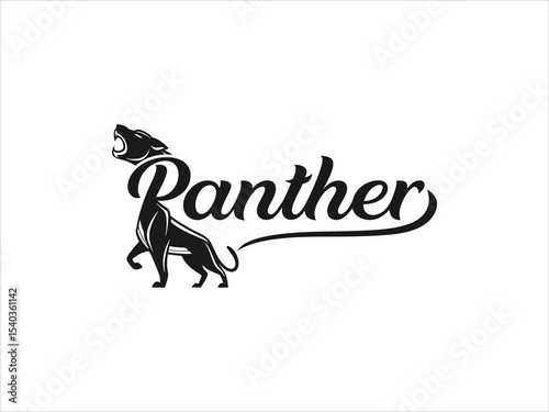 Black Panther V E C T O R Logo Design Roaring Big Cat Stylized Illustration Monochrome Animal Graphic