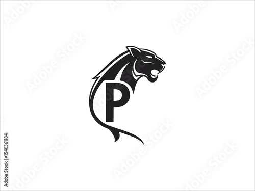 Black Panther Head Profile with Letter P Logo Design V E C T O R Monochrome Graphic Illustration puma