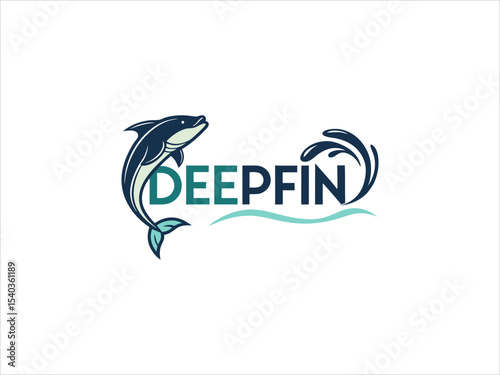 Teal and Dark Blue V E C T O R Logo Deepfin Leaping Fish Ocean Wave Design vector