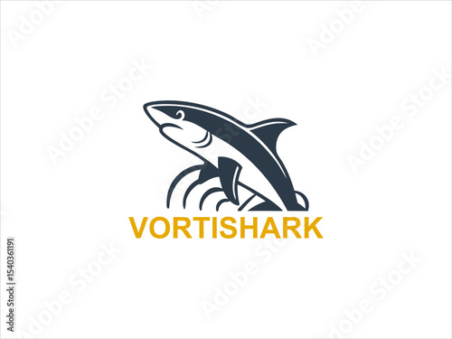 Dark Blue Shark Leaping from Ocean Waves V E C T O R Logo Design Gold Text Vortishark water