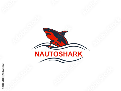 Red and Dark Blue Shark Logo Nautoshark Jumping Ocean Waves V E C T O R Graphic Design Brand Identity