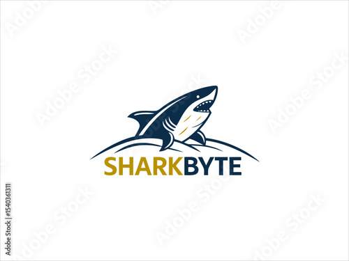 Dark Blue Shark Logo Design on a Hill with Gold Sharkbyte Text V E C T O R vector illustration