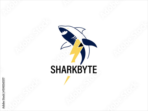 Shark Byte Logo Design Navy Blue Shark Lightning Bolt Yellow Gold V E C T O R Graphic Illustration White Background