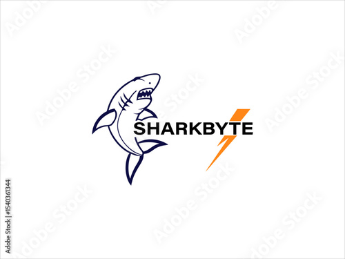 Shark Byte Logo Design Dark Blue Shark Silhouette Orange Lightning Bolt Vector Graphic