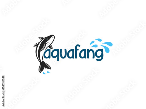 Black and White Fish Jumping Logo Design Aquafang Blue Water Splashes V E C T O R fish logo aquafang logo